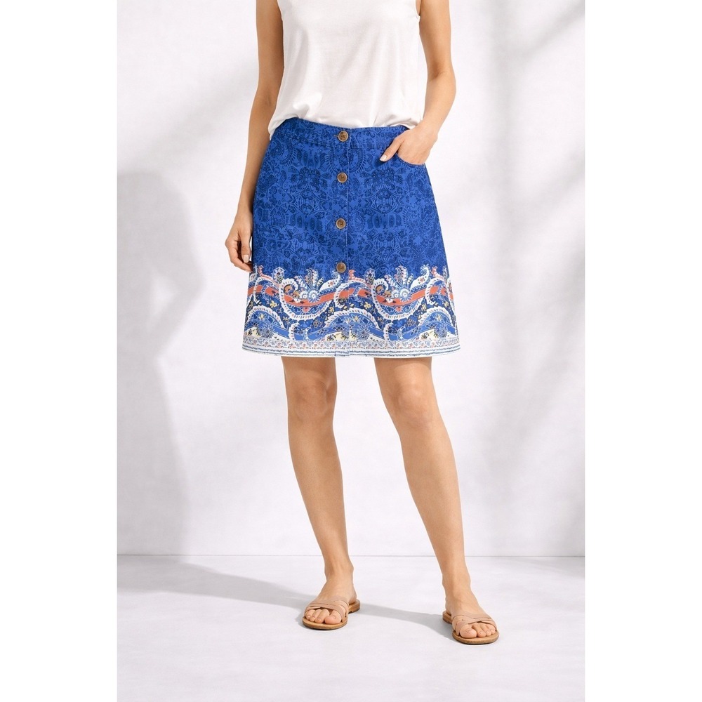 Lands' End Paisley Mini Skirt Womens‎ 6 Blue Button Front Boho Cotton Stretch